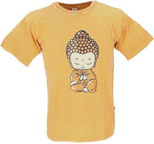 GURU SHOP Tibet & Buddhist Art T-Shirt, Little Buddha Stonewash T-Shirt - Gelb, Herren, Size:XL
