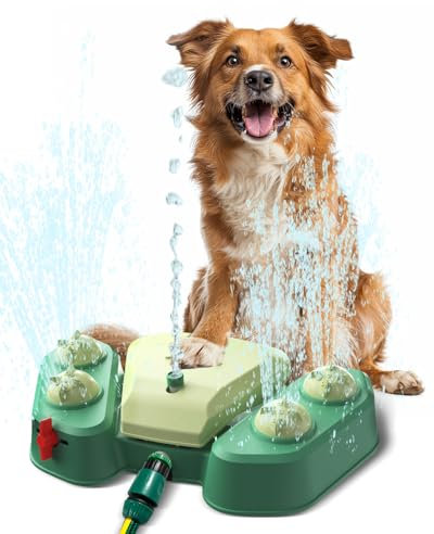 Dufuso Hundespielzeug Wassersprinkler, Outdoor Wasserspielzeug für Hund, Trinkbrunnen mit Zwei Düsen rutschfeste Einstellbare Wasserhöhe, Sommer Hundebrunnen für Rasen Garten Haustier Freienspiel