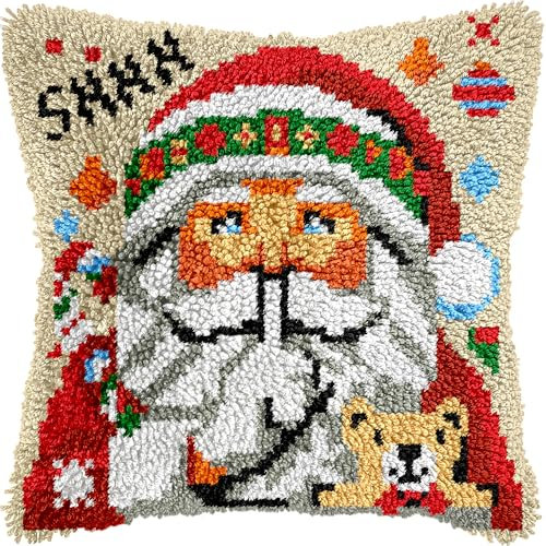veirousa Santa Claus Bear Christmas Latch Hook Kits for Adults Kids, Beginners DIY Latch Hook Pillow Kit Pre-Printed Latch Rug Kits Cross-Stitch Embroidery Cushion for Home Sofa Decoration 17x17 in.