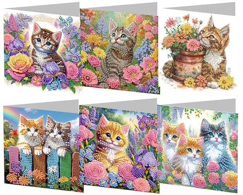 HNYLTON DIY Diamant-Grußkarte, Tierstickerei, Kunsthandwerkskarten, Diamant-Kunstmalerei, faltbare Grußkarte, Bastelgeschenk, für Erwachsene, 6 Stück, Realistisch, Tierisch, Blumig, Ganzjährig, True