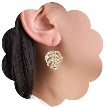 Dervivea Vintage Monstera Leaf Drop Earrings Gold Palm Leaf Earrings Hammered Leaves Earrings Palm Leaf Dangle Earrings Metal Palm Earrings Jewelry for Women