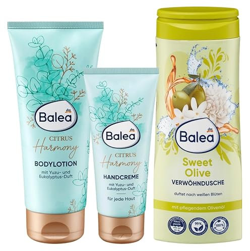 Balea 3er-Set Hautpflege: Bodylotion CITRUS HARMONY mit Yuzu- & Eukalyptus-Duft (200 ml) + Handcreme (100 ml) + Duschgel SWEET OLIVE mit pflegendem Olivenöl & Duft nach weißen Blüten (300 ml), 600 ml