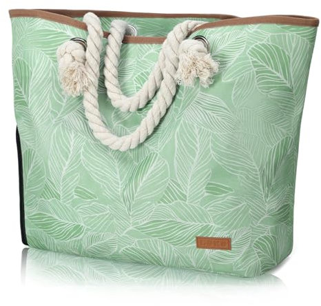 Lekespring Strandtasche Damen Groß mit Reißverschluss, Badetasche XXL Familie Saunatasche Reisetasche Beach Tote Bag für Strand Reisen Einkaufen u.Sport (Grünes Blatt)