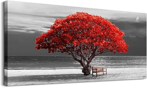 hyidecorart Leinwandbilder Groß 73x146 cm XXL Wohnzimmer, Modern Rot Baum des Lebens Wandbilder mit Rahmen Schlafzimmer, Natur Schwarz und Weiß Kunstdruck Wanddeko Flur küche Büro Villa Badezimmer
