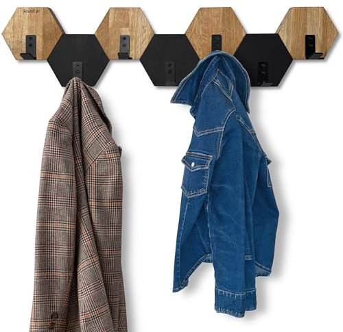 Kleiderhaken Hexagon wand Wandgarderobe Garderobe Holz Eiche schwarz design modern jugendzimmer badezimmer natur (Schwarz/Eiche, 77)