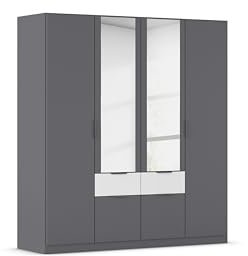 Rauch Möbel Glasgow Drehtürenschrank, Kleiderschrank, Schrank, Garderobe 4-türig, 2 Spiegeltüren, 4 Schubladen, Farbe Grau metallic/Grau metallic/Weiß, Griffprofil Grau metallic, 181x197x54cm