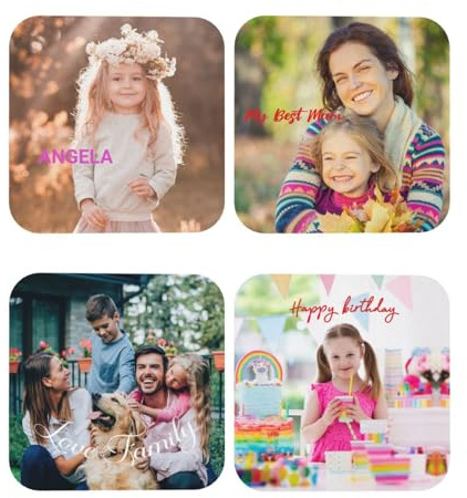 Personalisiertes Leder-Untersetzer-Set, anpassbare Untersetzer für Getränke mit individuellem Fototext, Logo, Fototassen-Untersetzer für Couchtisch, Küche, Büro, Bar (4pc, quadratische Form)