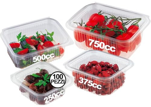 GM 100 Vaschette Quadrate Trasparenti con Coperchio Misura 250cc, Contenitori Ermetici Per Alimenti in PET, Contenitore Ermetico Per Alimenti MONOUSO, Contenitore Pranzo - Made In Italy