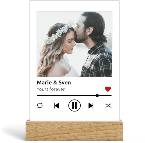 Kiddle-Design Song Cover Spotify Glas Bild Foto Playlist Musikbild Personalisiertes Geschenk mit Bild im Spotify Musik Cover Design, Acrylglas inkl. Holzfuß 20x13cm