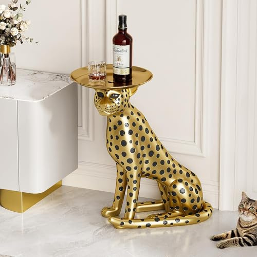 Homary Leopard Statue Beistelltisch mit Tablett - Gold Panther Figur Beistelltisch Kunst Dekor für Zuhause & Geschenke