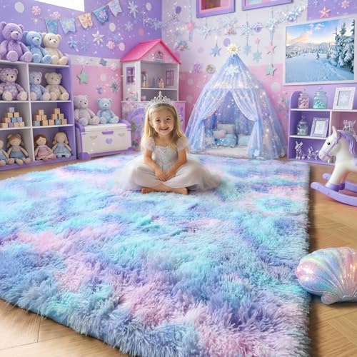 Amdrebio Violetter Regenbogen-Teppich für Schlafzimmer, Mädchenzimmer-Dekor, bunte Meerjungfrauen-Stickerei, Kinderteppiche für Spielzimmer, Kinderzimmer, Wohnheim, flauschig, pelzig, niedlich, Zottel