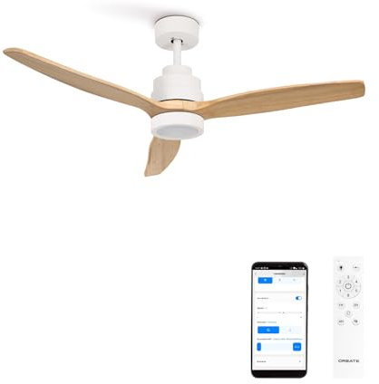 CREATE / WINDSTYLANCE S/Ventilador de techo con luz blanco aspas madera clara con Wifi y mando / 40W, Silencioso, Ø112 cm, 6 velocidades, temporizador, función verano-invierno, doble altura