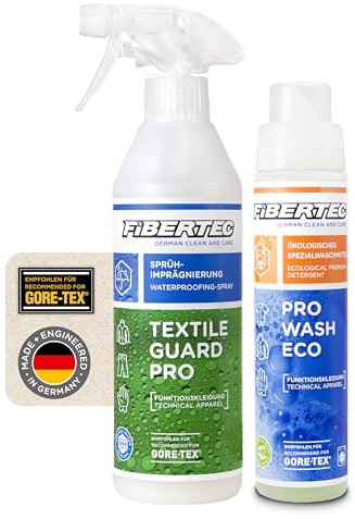 FIBERTEC Set Pro Wash Eco Ökologisches Waschmittel flüssig 250ml & Textile Guard Eco Wash-In Imprägnierung für Waschmaschine 500ml, Biologisch abbaubar, Made in Germany