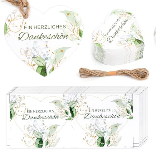 FIDWALL 50 Stück Danke Anhänger und Aufkleber Herz Eukalyptus 5cm Geschenkanhänger, Geschenk Geburtstag, Babytaufe, Hochzeit, Gastgeschenke Kommunion (50 Stück Danke Anhänger und Aufkleber)