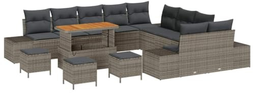 vidaXL Garten-Sofa-Set mit Kissen 14 pcs Grau Poly Rattan, Garten Lounge Set, modulare Rattan Möbel, verstellbare Füße, rechteckige Couch, robuste Sitzgelegenheit für Terrasse