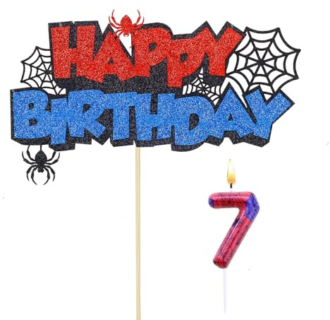 Gleevio Happy Birthday Tortendeko 7 Geburtstagskerzen Zahlen 7,Spinne Tortendeko Kerze 7 Geburtstag Junge und Mädchen,Glitzer Spinnennetz Cake Topper 7 Geburtstag,Spinne Happy Birthday Kuchen Deko
