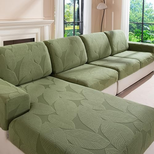 OHSIO Stretch Sofa Überzug - Rutschfester Sofa Sitzkissenbezug | Waschbarer Sofabezug, strapazierfähig & pflegeleicht – Möbelschutz(Grün/Blattmuster, 1x Chaiselongue-Bezug)