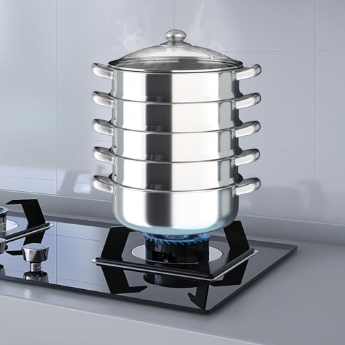 meiliwmlo 5 Tier Stainless Steel Steamer Large Food Steam Cooker Cooking Steam Pot Stackable Steamer Mit Transparent Pot Lid Dishwasher Safe For Induction Cookers Electric Furnaces Gas Stoves (30cm)