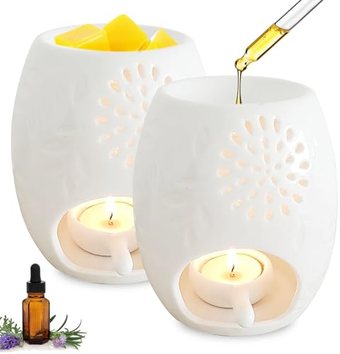GOMETY 2 Stück Duftlampe Teelichthalter, Aromalampe aus Keramik weiß mit der Candle Löffel Aroma Diffuser Duftlampe für ätherische öle Räucher Duftwachs Duftöl Lampe für Zuhause Schlafzimmer Dekor
