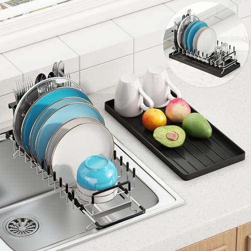 ANTOPY Small Dish Drying Rack - Expandable 304 Stainless Steel Rustproof Dish Rack Over Sink with Silicone Drying Mat & Cutlery Holder, Compact Dish Drainer for Kitchen Counter, Inside Sink, Silver