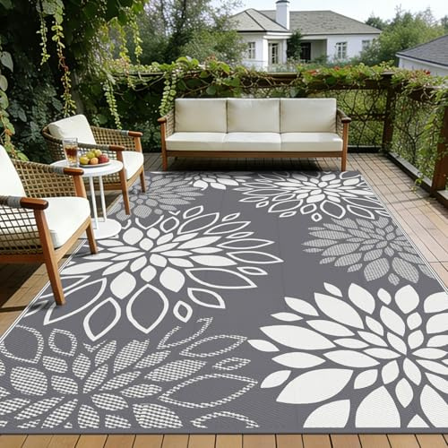 SHACOS Outdoor Teppich Wetterfest, Wendbarer Vorzeltteppich UV-Beständig, Balkon Teppich Leicht Kunststoff, für Camping Wohnmobil Garten Terrassen, Blumen Grau, 270 x 360 cm