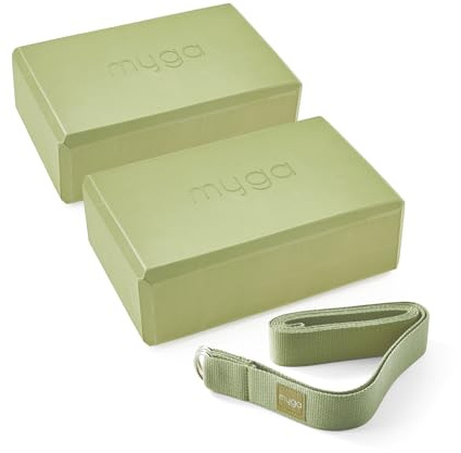 Myga Yoga Blocks & Strap Set - 2 High Density Foam Bricks and Metal D Ring Belt for Yoga, Pilates and Fitness - Support and Deepen Poses, Non-Slip and Lightweight for Home & Gym (Moss)