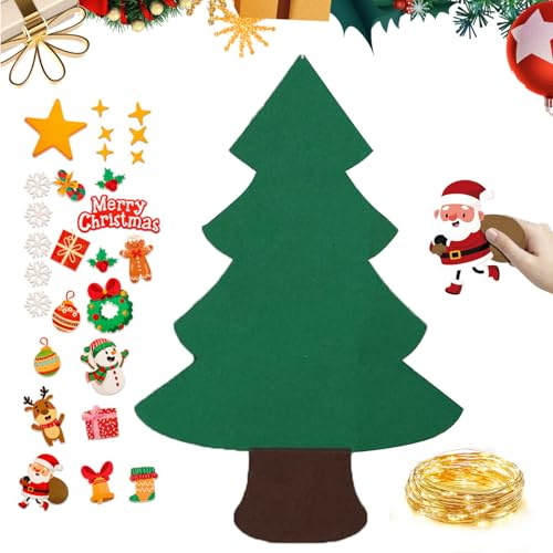 ETUCYNG Weihnachtsbaum aus Filz für Kleinkinder – mit LED-Lichterkette, 3 m, für kreative Hobbys – Weihnachtsbaum für Schlafzimmer, Klassenzimmer, Kindergarten, Garderobe