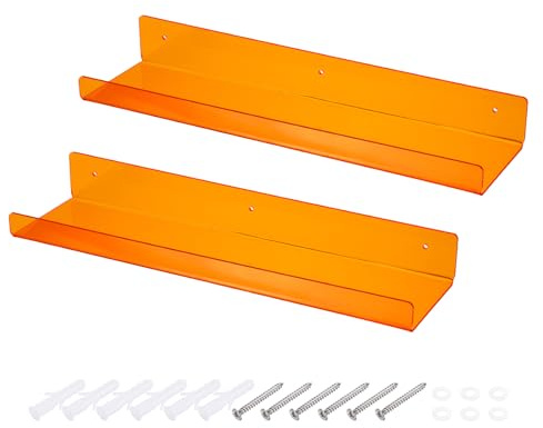 QUARKZMAN 2 Stk Wandregal Orange Schweberegal Acryl 38cm Schwebendes Bücherregal Wandmontage Display Regal Organizer für Badezimmer Schlafzimmer Wohnzimmer Zimmerdekoration