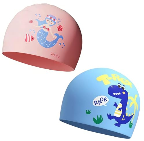 Novocloud 2 Piezas Gorros de Natación de Silicona de Dibujo, Gorro Piscina Niños con Diseño para Niños Niñas, Gorro Piscina Bebe Impermeable con Protección UV, Adecuado para Nadar y Bucear