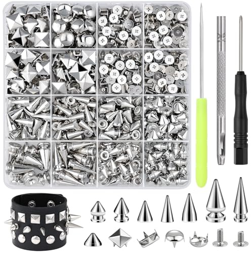 Cosblisvia 630 Piezas de Kit de Tachuelas con Herramientas, Tachuelas Plateadas y Pinchos Punk para diseñadores Principiantes, cosplayers, para Ajuste de Denim, reparación de Cuero, fabricación de
