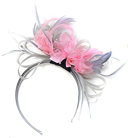Caprilite Fashion Serre-tête de mariage avec voile et plumes Gris argenté et rose