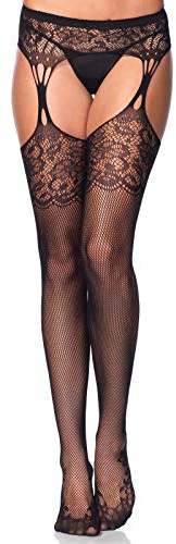 Leg Avenue womens Lace Top Fishnet Stockings With Attached Garter Belt Black Lace One Size