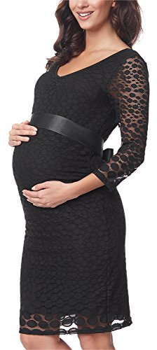 Be Mammy Robe Soirée en Dentelle Grossesse Maternité Manche 3/4 Vêtement BE20-209 (Noir, XXL)