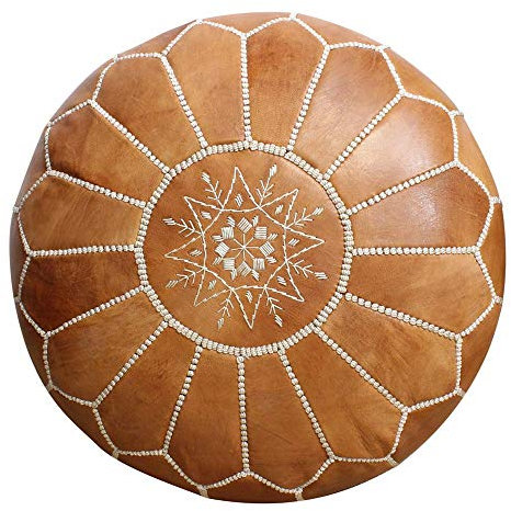 ESSENCE OF MOROCCO Marokkanischer Sitzsack, echtes Leder, Fußstütze, Ottomane, handgenäht, mit besticktem Muster, Marrakesch-Design I Naturfarbe (ohne Füllung)