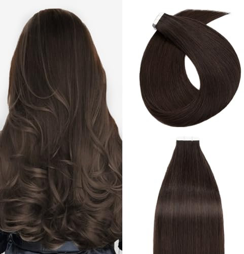 60cm - Cabello Humano Extensiones Adhesivas Liso Pelo Humano Sin Clip (2.5g*20pcs) - 2# Marrón Oscuro 100% Remy Cabello Humano Human Hair Tape in Extension Cinta Adhesiva