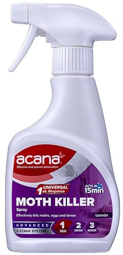 Acana Moth Killer & Freshener, Lavender, 275ml - Spray Formula, Kills Moths, Eggs & Larvae - Licensed Insecticide - Non-staining - for Carpets, Curtains & Cushions