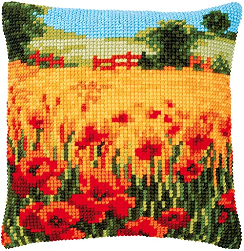 Vervaco Kreuzstich Stickpackungen Kissen Stickerei Set Anfänger Vorgedruckt Mohnblumen Landschaft DIY Set Kreativ Set Für Erwachseneca. 40 x 40 cm Bastelset Handwerker Haus Dekoration