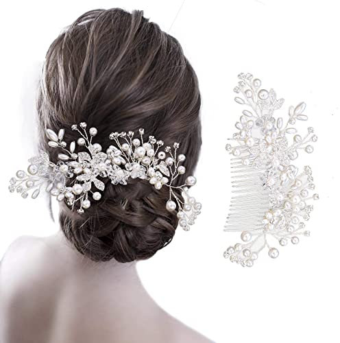 TSHAOUN Braut Haarschmuck Perle Brautschmuck Stirnband Damen Hochzeit Braut Kristall Nachahmung Perle Hohlblatt Blume Haarkamm Braut Hochzeit Perle Strass Mädchen Tiara Haarschmuck