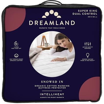 Dreamland Electric Mattress Protector Superking Size – Snowed In Organic Cotton, Fitted Sheet style, Fast Heat-Up, Timer with 6 Heat Settings, 2 x Detachable Controllers, Machine Washable, 200 x 180cm