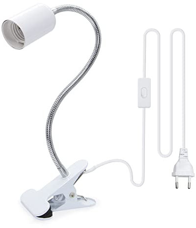 Portalampada E27 con Pinza, Lampada Morsetto con Interruttore 35cm Orientabile Flessibile Metallo Collo di Cigno Luce da Lettura per Trucco, Lettura, Ufficio Lampada da Tavolo, Bianco