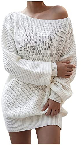 Cockjun Strickkleid Schulterfrei Kleider für Damen Garten Party Kleid Mode Kleid Pullover Kleid 2023 Casual Club Kleider Nacht Sexy Weißes Kleid Damen Ballon Ärmel Kleid Damen Laternen Ärmel Kleid