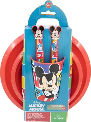 Disney Food Set, 5 piezas, platos, tazas y cubiertos de plástico rojo y azul con Mickey Mouse