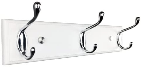 mapeoes Coat Rack Wall Mount Wood White 3 Hooks 31cm, Wooden Board Silver Chrome Hook, Modern Heavy Duty Coat Hooks for Entryway Kids-Room Small Space