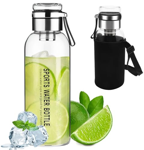 Bouteille en Verre de 1 L Avec Housse de Protection - Bouteille à Thé Avec Passoire - Couvercle en Verre