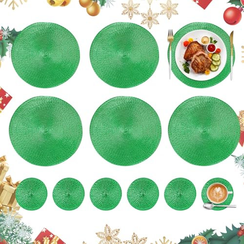 Homcomodar Christmas Placemats and Coasters Set of 6 Green Washable Table Mats Round Braided Table Placemats Sets Christmas Place Mats for Dining Tables Holiday Decoration