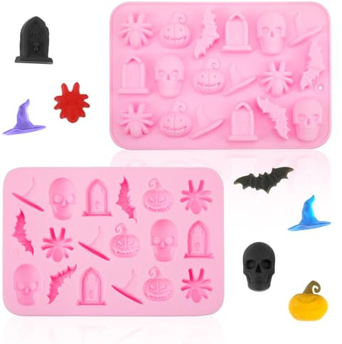 2pcs Moules à Citrouilles d'Halloween, Moule en Silicone Halloween de Squelettes Amusants Moule de Chauves-Souris Moule d'Araignées d'Halloween pour Biscuits Bonbons Gélifiés Chocolat Gelée