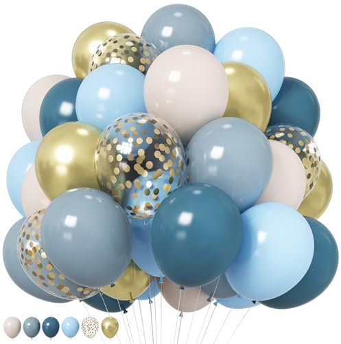 HILAVO Luftballons Blau Gold 12 Zoll Dusty Blau Hellblau Sand Weiß Metallic Gold Konfetti Party Ballons Pastell Blaue Beige Golden Helium Ballon für Kinder Geburtstag Babyparty Hochzeit Party Deko