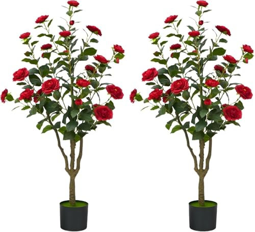 2 pcs Camélia Artificiel 120 cm, avec 24 Fleurs Rouges, Plante Camélia Artificielle en Plastique, Plante en Pot pour Bureau Moderne, Maison, Salon, Décoration de Sol, Facile à Entretenir