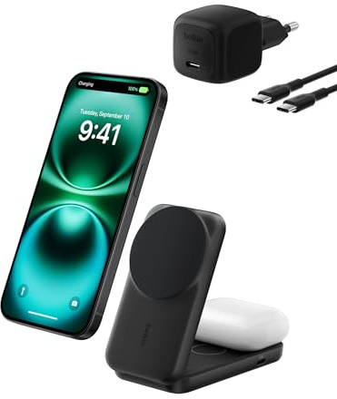 Belkin UltraCharge Qi 2.2 Ladestation 2 in 1, 25W, Ladegerät MagSafe Kompatibel, Induktive Ladestation für iPhone 17, iPhone Air, AirPods, Pixelsnap, mit USB-C-Anschluss, 45-W-Adapter – Schwarz