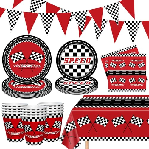 83Pcs Racing Car Theme Party Supplies Set Race Car Party Plates Racecar Birthday Decorations Checkered Racer Birthday Dinnerware Start Engines Racing Themed Tableware Set Serves 20